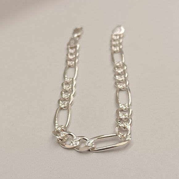 925 Sterling Silver Figaro Diamond Cut Style Men Bracelet